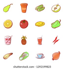 Drinks, Fruits and Vegetables set. Background for printing, design, web. Usable as icons. Colored.