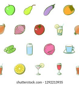 Drinks, Fruits and Vegetables set. Background for printing, design, web. Usable as icons. Seamless. Colored.