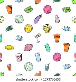 Drinks, Fruits and Vegetables set. Background for printing, design, web. Usable as icons. Seamless. Colored.