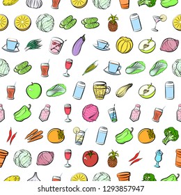 Drinks, Fruits and Vegetables set. Background for printing, design, web. Usable as icons. Seamless. Colored.