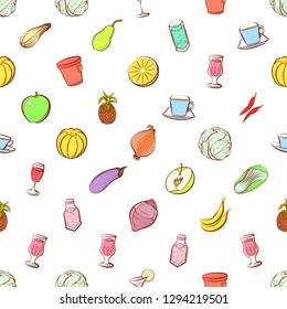 Drinks, Fruits and Vegetables set. Background for printing, design, web. Usable as icons. Seamless. Colored.