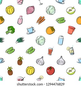 Drinks, Fruits and Vegetables set. Background for printing, design, web. Usable as icons. Seamless. Colored.