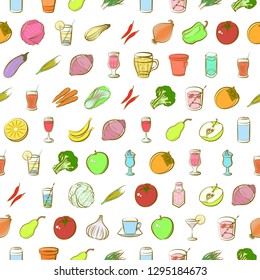 Drinks, Fruits and Vegetables set. Background for printing, design, web. Usable as icons. Seamless. Colored.