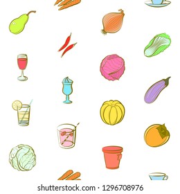 Drinks, Fruits and Vegetables set. Background for printing, design, web. Usable as icons. Seamless. Colored.