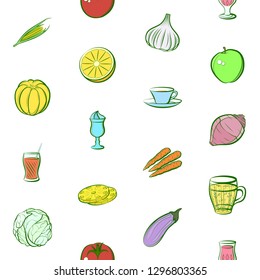 Drinks, Fruits and Vegetables set. Background for printing, design, web. Usable as icons. Seamless. Colored.