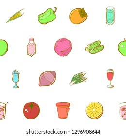 Drinks, Fruits and Vegetables set. Background for printing, design, web. Usable as icons. Seamless. Colored.