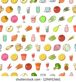 Drinks, Fruits and Vegetables set. Background for printing, design, web. Usable as icons. Seamless. Colored.