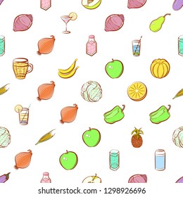 Drinks, Fruits and Vegetables set. Background for printing, design, web. Usable as icons. Seamless. Colored.