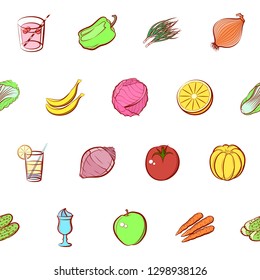 Drinks, Fruits and Vegetables set. Background for printing, design, web. Usable as icons. Seamless. Colored.