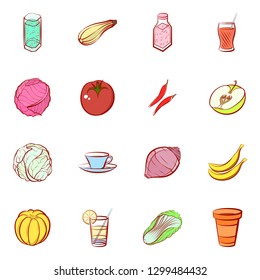 Drinks, Fruits and Vegetables set. Background for printing, design, web. Usable as icons. Colored.
