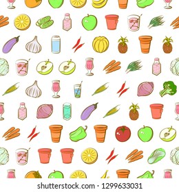 Drinks, Fruits and Vegetables set. Background for printing, design, web. Usable as icons. Seamless. Colored.