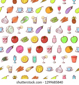 Drinks, Fruits and Vegetables set. Background for printing, design, web. Usable as icons. Seamless. Colored.