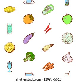 Drinks, Fruits and Vegetables set. Background for printing, design, web. Usable as icons. Seamless. Colored.