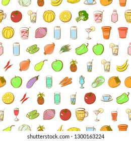 Drinks, Fruits and Vegetables set. Background for printing, design, web. Usable as icons. Seamless. Colored.