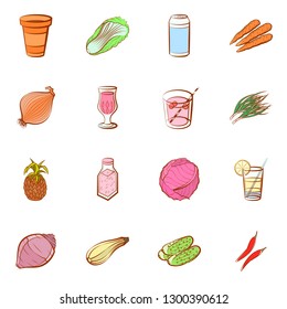 Drinks, Fruits and Vegetables set. Background for printing, design, web. Usable as icons. Colored.