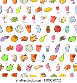 Drinks, Fruits and Vegetables set. Background for printing, design, web. Usable as icons. Seamless. Colored.
