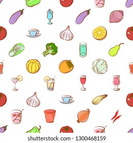 Drinks, Fruits and Vegetables set. Background for printing, design, web. Usable as icons. Seamless. Colored.