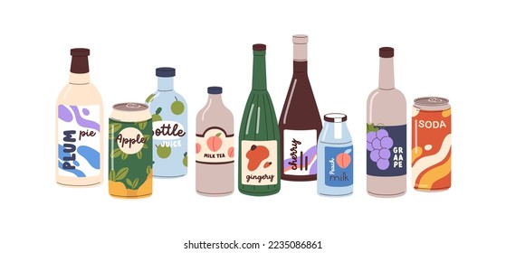 Drinks in glass bottles, aluminum cans. Soda, lemonades, fruit flavored beverages, carbonated sparkling water, cold summer refreshments. Flat vector illustration isolated on white background