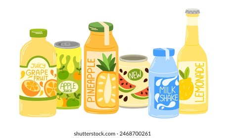 Drinks in glass bottles, aluminum cans. Soda, lemonades, fruit flavored beverages, carbonated sparkling water, cold summer refreshments. Flat vector illustration isolated on white background