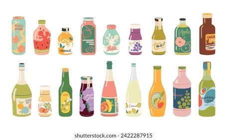 Drinks in glass bottles set. Fruit juices, soda water, tea, lemonades, sweet sparkling water, chocolate milk, and other cold summer beverages. Flat vector illustration on a white background.