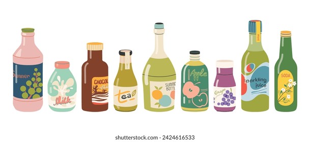 Drinks in glass bottles set. Fruit juices, soda water, tea, sweet sparkling water, chocolate milk, and other cold summer beverages. Flat vector hand drawn illustration on a white background.