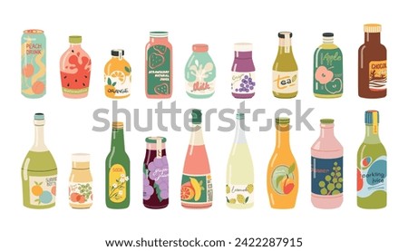 Drinks in glass bottles set. Fruit juices, soda water, tea, lemonades, sweet sparkling water, chocolate milk, and other cold summer beverages. Flat vector illustration on a white background.