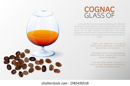 Drinks. A glass of cognac. Abstract vector illustration of a transparent glass with cognac and coffee beans on a light background. A blank for creativity.