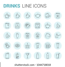 Drinks, glasses and bottles, 30 line icons, vector eps10 illustration