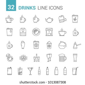 Drinks, glasses and bottles, 32 line icons, vector eps10 illustration