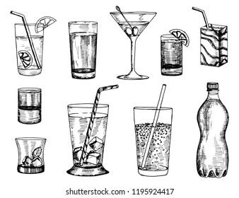 drinks and glasses. sketch set isolated