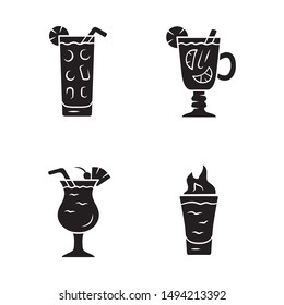 Drinks glyph icons set. Cocktail in highball glass, hot toddy, pina colada, flaming shot. Alcoholic mixes and soft drinks. Beverages. Silhouette symbols. Vector isolated illustration