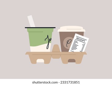 Drinks to go in a carton disposable cupholder, matcha latte and coffee, modern lifestyle