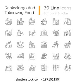 Drinks to go and takeaway food linear icons set. Fresh juice. Alcoholic beverage. Wine, beer, cocktail. Customizable thin line contour symbols. Isolated vector outline illustrations. Editable stroke