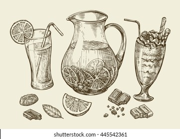 Drinks. Hand drawn cocktail, smoothie, pitcher of lemonade, milkshakes, fruit juice, chocolate, dessert, beverage. Sketch vector illustration