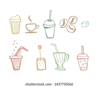 Drinks hand drawn doodle set. Coffee, tea, soda, lemonade. Color outline vector illustration isolated on white
