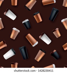 Drinks hand drawn vector seamless coffe background, cardboard cups texture