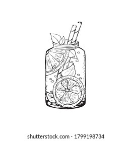 Drinks. A hand-drawn cocktail, a jug of lemonade, fruit juice, and a drink. Sketch of an illustration