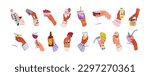Drinks in hands set. Beverages in glass, cup, bottle, wineglass. Holding summer cocktail, water, coffee mug, beer, wine, martini and whiskey. Flat vector illustrations isolated on white background