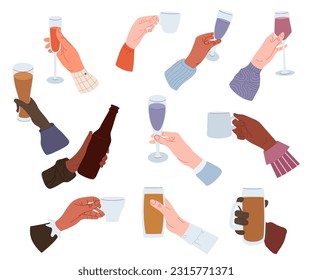Drinks in hands set. People holding glass of wine or sparkling champagne, pint beer and bar cocktail. Beverages in glass, cup, bottle, wineglass