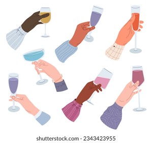 Drinks in hands set. People holding glass of wine or sparkling champagne, pint beer and bar cocktail. Beverages in glass, cup, bottle, wineglass