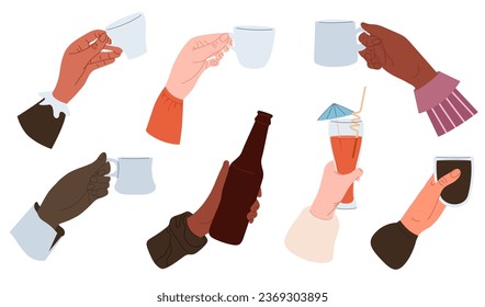 Drinks in hands set. People holding glass of wine or sparkling champagne, pint beer and bar cocktail. Beverages in glass, cup, bottle, wineglass