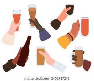 Drinks in hands set. People holding glass of wine or sparkling champagne, pint beer and bar cocktail. Beverages in glass, cup, bottle, wineglass