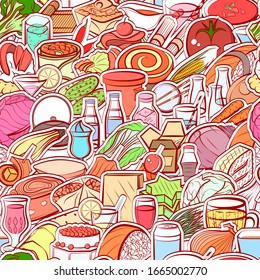 Drinks, Healthy food, Japanese food and Snacks pattern. Background for printing, design, web. Seamless. Colored.