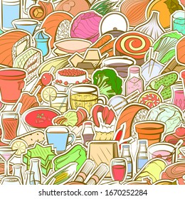 Drinks, Healthy food, Japanese food and Snacks pattern. Background for printing, design, web. Seamless. Colored.