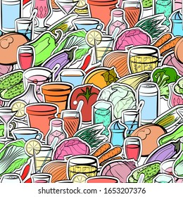 Drinks and Healthy food pattern. Background for printing, design, web. Seamless. Colored.