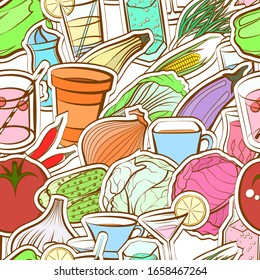 Drinks and Healthy food pattern. Background for printing, design, web. Seamless. Colored.
