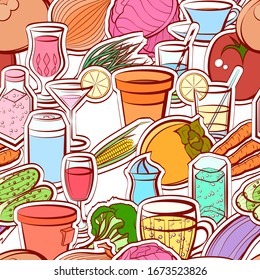 Drinks and Healthy food pattern. Background for printing, design, web. Seamless. Colored.
