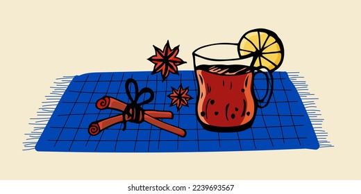 Drinks hot drinks and spices. Beige, blue, red colors. Doodle style. Vector illustration. Cup with hot drink, cinnamon sticks, vanilla. Web, print, pattern, cover, text frame, banner, postcard.