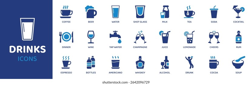 Drinks - Icon Collection. Thin Line Set contains such Icons as Drink, Water, Juice, Soda, Coffee, Tea, Beer and more. Simple web icons set.