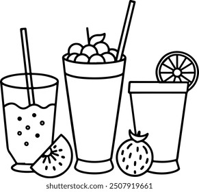 Drinks icon with Fruit and Straws Illustration. Hand Drawn Vector art